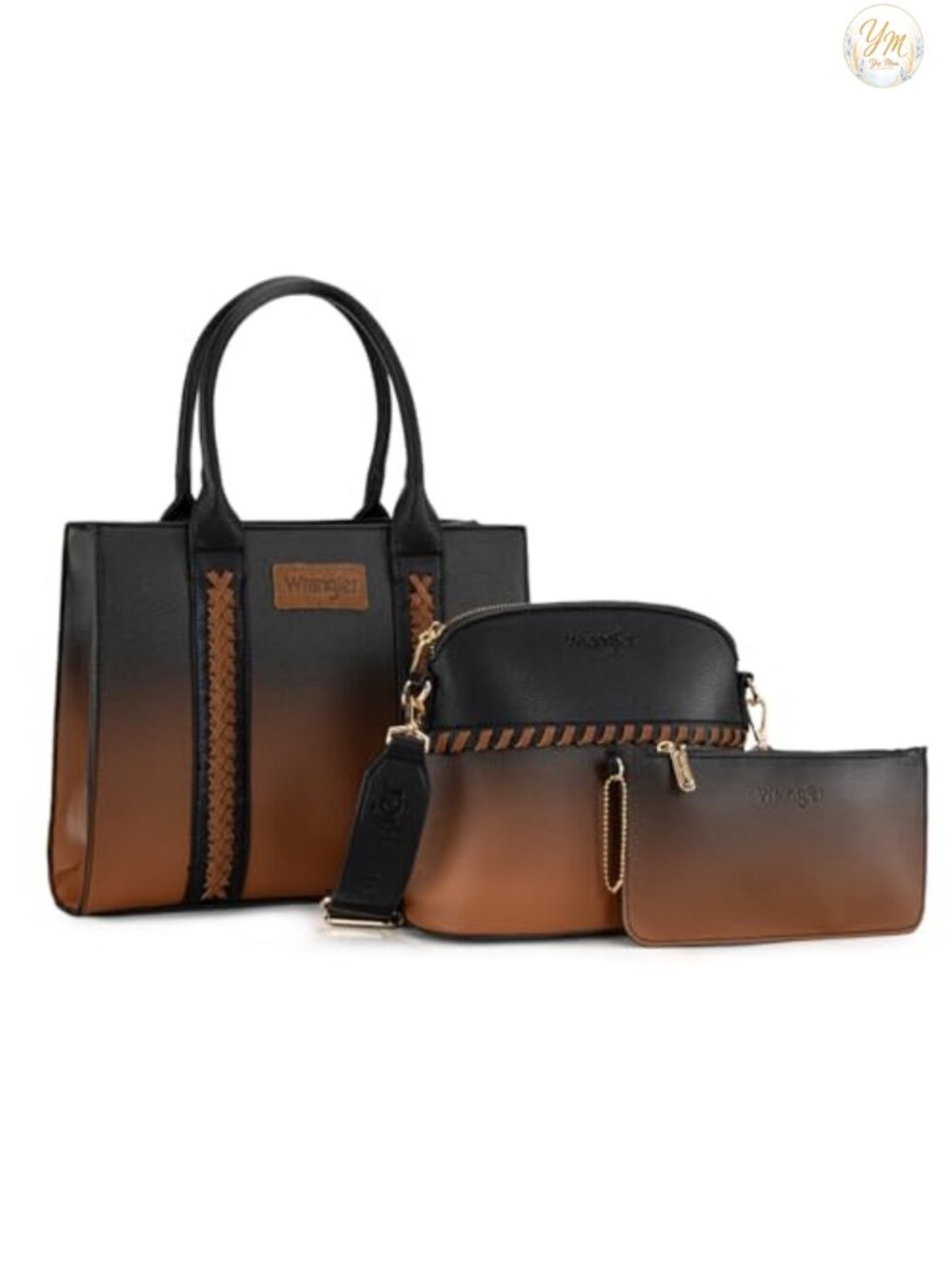 3Pc Tote Crossbody Bag & Wallet Set with Guitar Strap Whipstitch